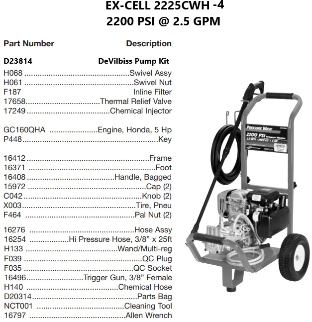 DEVILBISS model 2227CWH-4 power washer parts